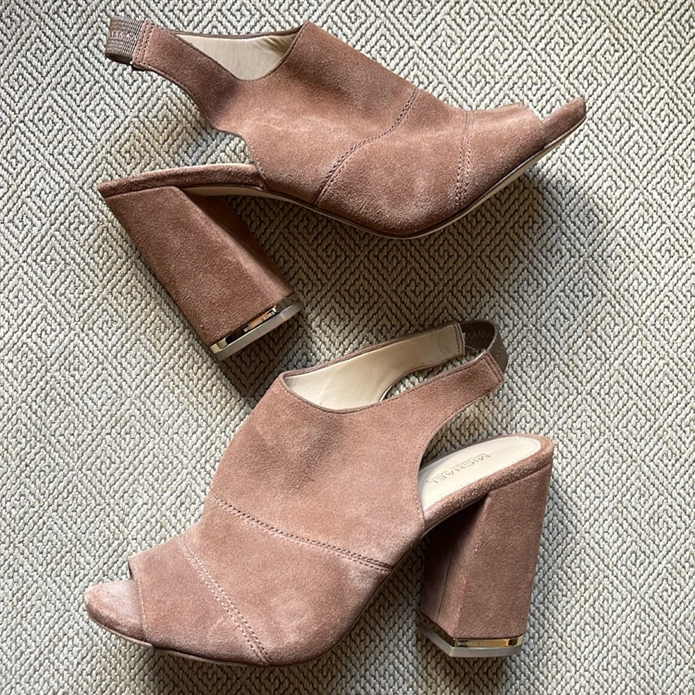 Michael Michael Kors Brown Suede Peep Toe Slingback Block Heels, 7.5